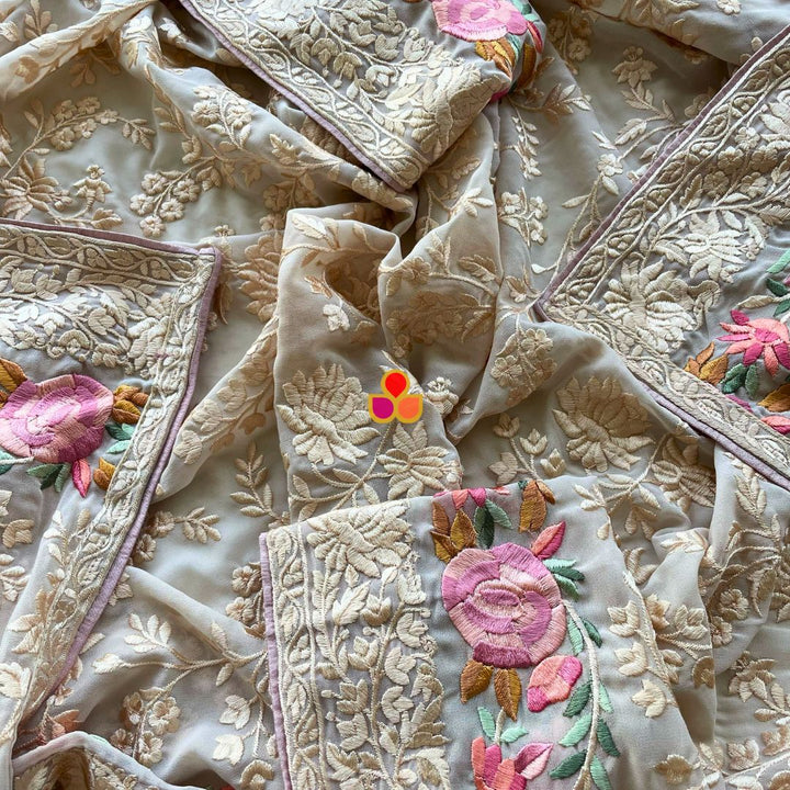 anokherang Dupattas Dusty Lavender Embroidered Parsi Gara Georgette Multicolor Thread Work Dupatta
