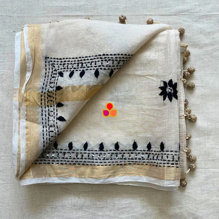 anokherang Dupattas Elegant Ivory Handloom Cotton Dupatta with Black Thread Embroidery