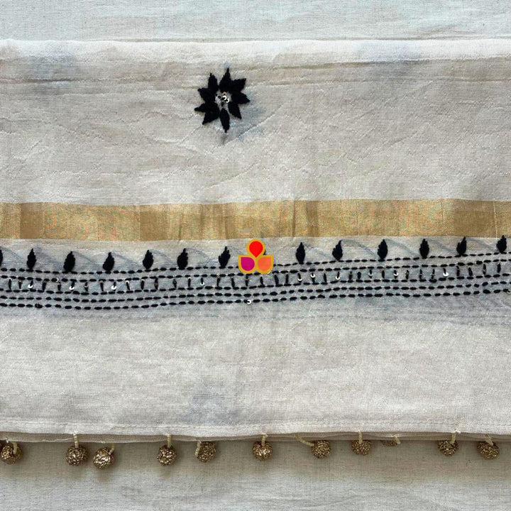 anokherang Dupattas Elegant Ivory Handloom Cotton Dupatta with Black Thread Embroidery