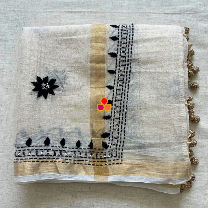 anokherang Dupattas Elegant Ivory Handloom Cotton Dupatta with Black Thread Embroidery