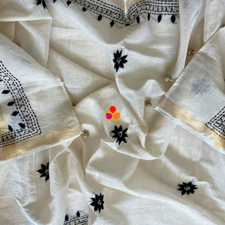 anokherang Dupattas Elegant Ivory Handloom Cotton Dupatta with Black Thread Embroidery