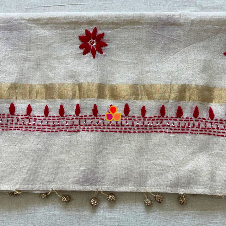 anokherang Dupattas Elegant Ivory Handloom Cotton Dupatta with Red Thread Embroidery