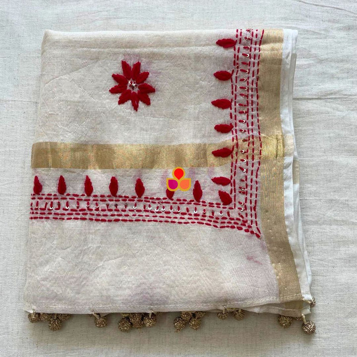 anokherang Dupattas Elegant Ivory Handloom Cotton Dupatta with Red Thread Embroidery