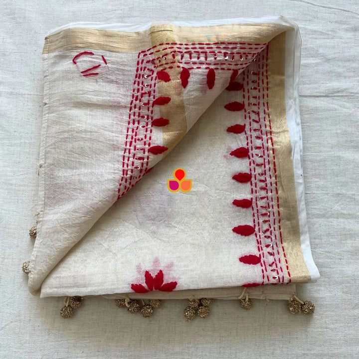 anokherang Dupattas Elegant Ivory Handloom Cotton Dupatta with Red Thread Embroidery