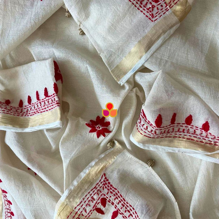 anokherang Dupattas Elegant Ivory Handloom Cotton Dupatta with Red Thread Embroidery