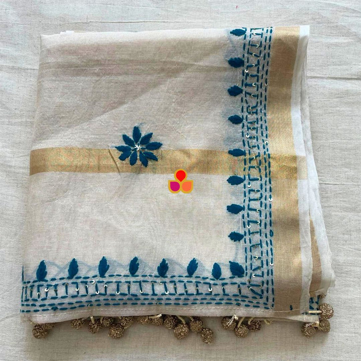 anokherang Dupattas Elegant Ivory Handloom Cotton Dupatta with Teal Thread Embroidery