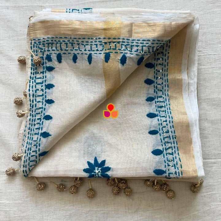 anokherang Dupattas Elegant Ivory Handloom Cotton Dupatta with Teal Thread Embroidery