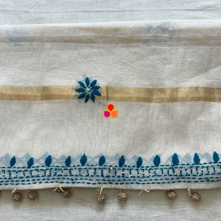 anokherang Dupattas Elegant Ivory Handloom Cotton Dupatta with Teal Thread Embroidery
