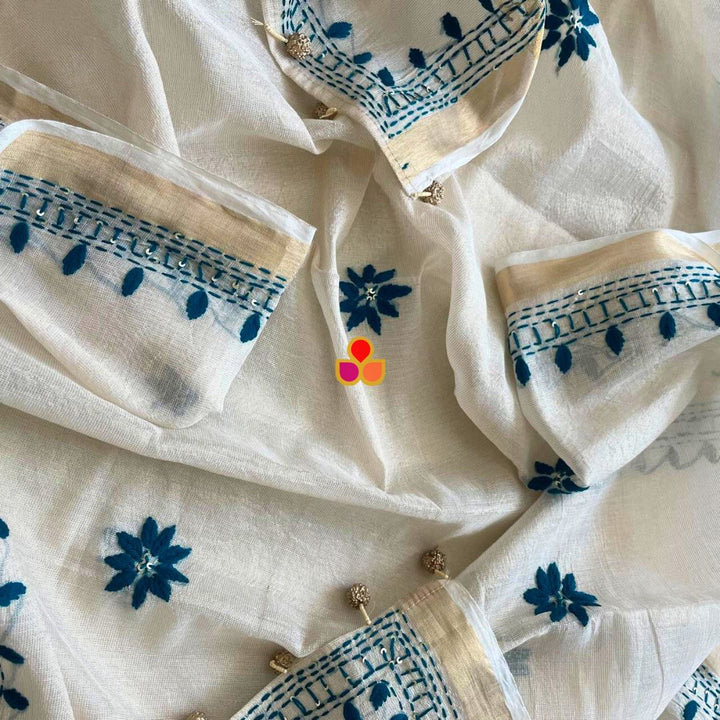 anokherang Dupattas Elegant Ivory Handloom Cotton Dupatta with Teal Thread Embroidery