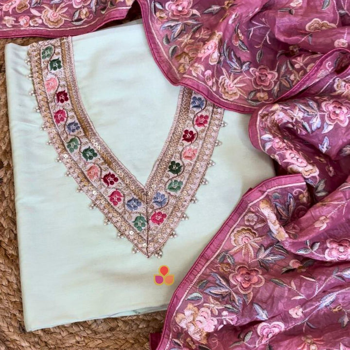 anokherang Dupattas Elegant Ivory Silk Unstitched Suit with Parsi Organza Dupatta