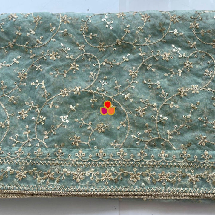 anokherang Dupattas Fiza Aqua Blue Floral Embroidered Organza Dupatta