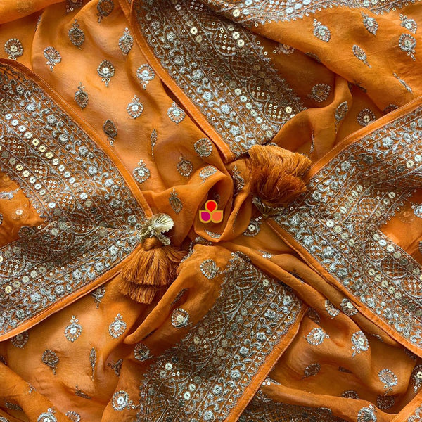 anokherang Dupattas Glamour Orange Gold Sequin Georgette Dupatta