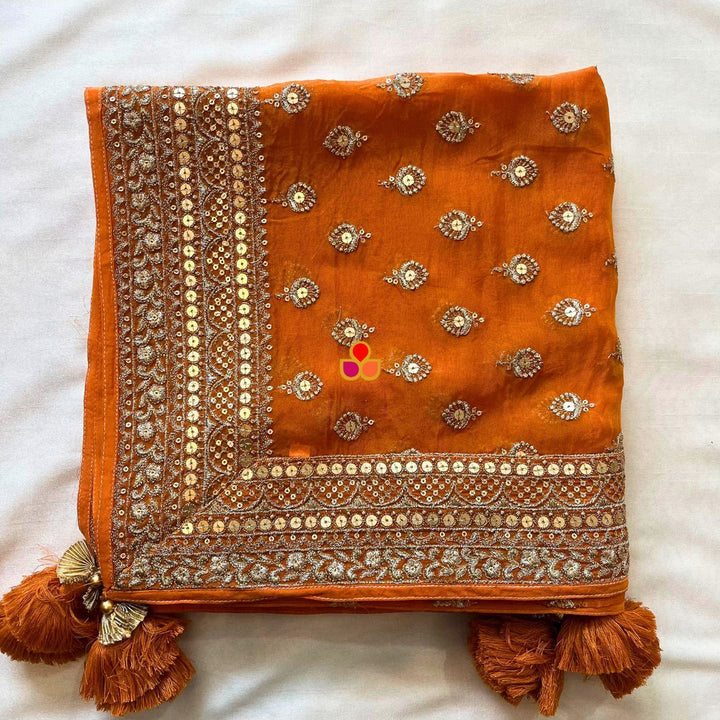 anokherang Dupattas Glamour Orange Gold Sequin Georgette Dupatta