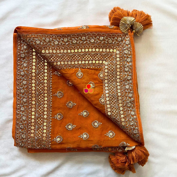 anokherang Dupattas Glamour Orange Gold Sequin Georgette Dupatta