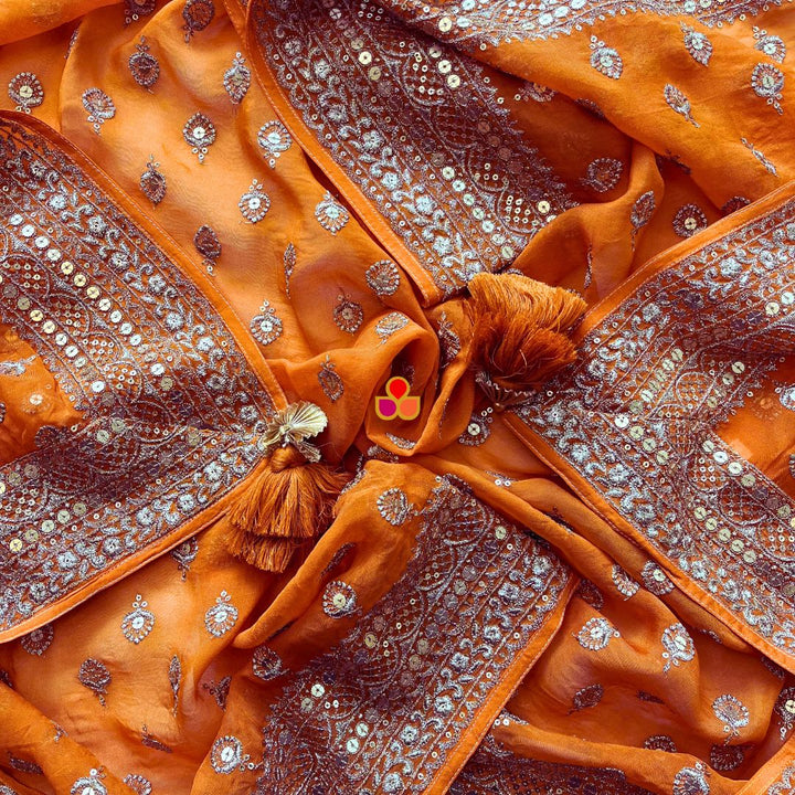 anokherang Dupattas Glamour Orange Gold Sequin Georgette Dupatta