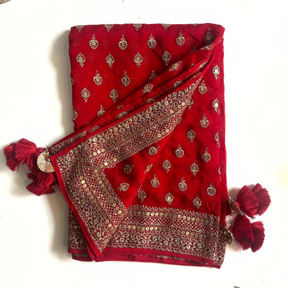 Designer Red Net Fabric Dupatta with Golden Sequin Work main image 0