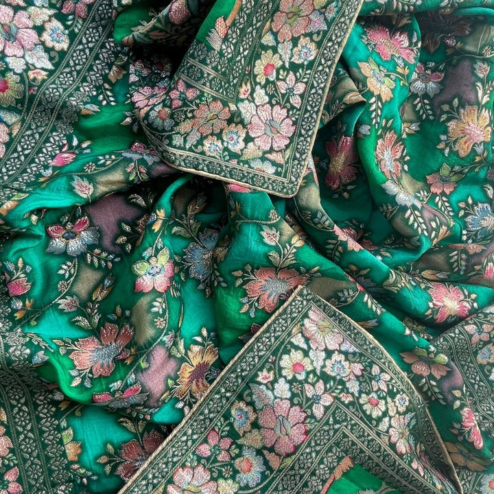 anokherang Dupattas Green Banarsi Multicolor Floral Georgette Dupatta