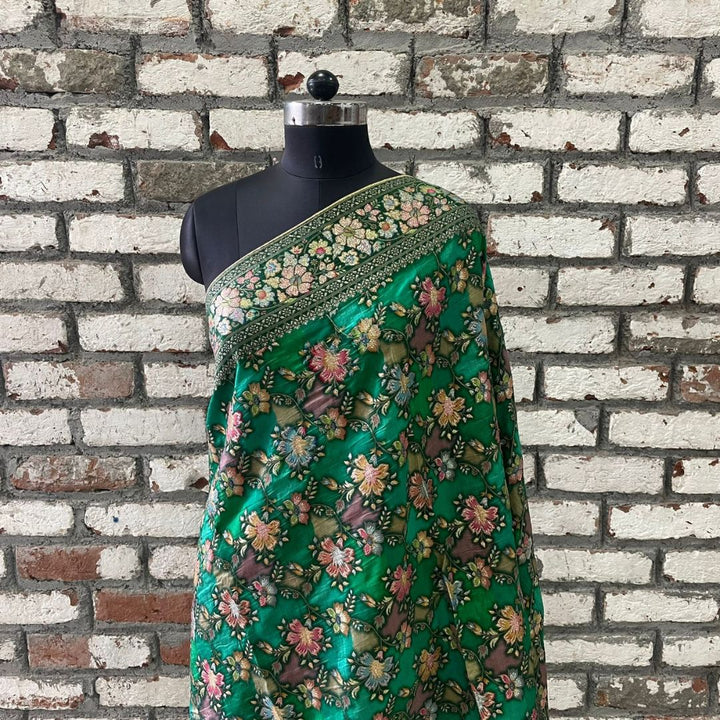 anokherang Dupattas Green Banarsi Multicolor Floral Georgette Dupatta