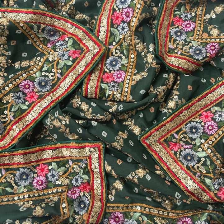 anokherang Dupattas Green Bandhej Banarsi Multi Embroidered Dupatta