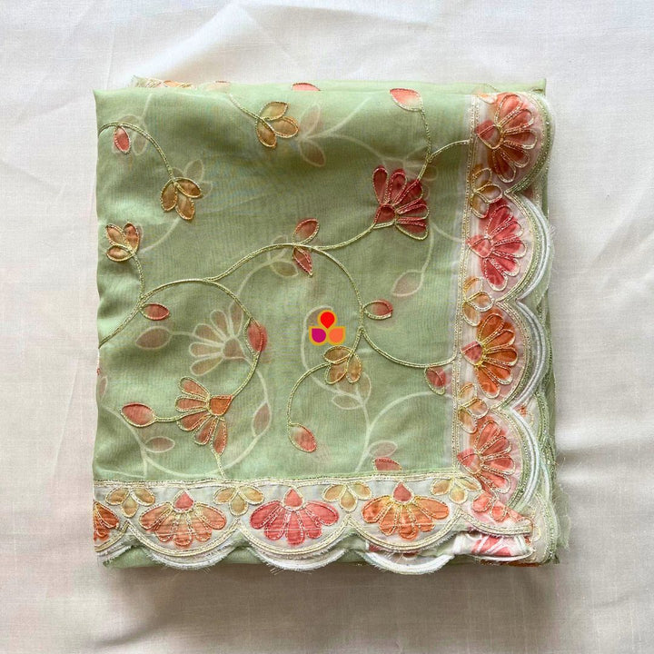 anokherang Dupattas Green Bloom Floral Embroidered Organza Dupata
