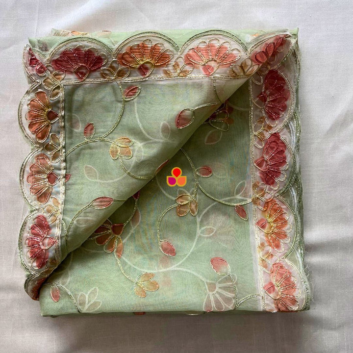 anokherang Dupattas Green Bloom Floral Embroidered Organza Dupata