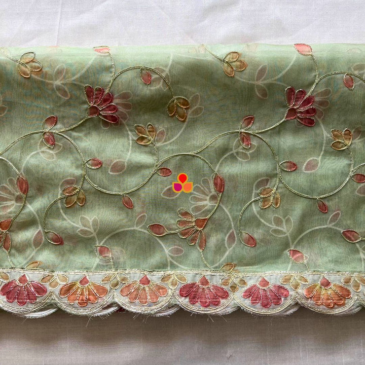 anokherang Dupattas Green Bloom Floral Embroidered Organza Dupata