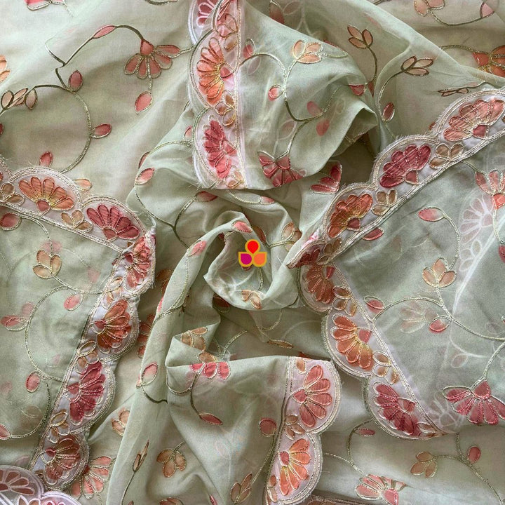 anokherang Dupattas Green Bloom Floral Embroidered Organza Dupata