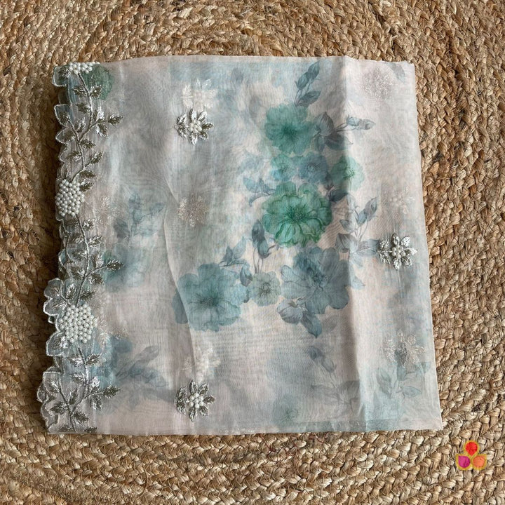 anokherang Dupattas Green Floral Printed Pearl Embroidered Organza Dupatta