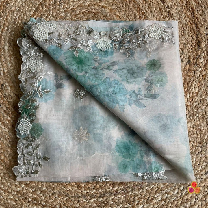 anokherang Dupattas Green Floral Printed Pearl Embroidered Organza Dupatta