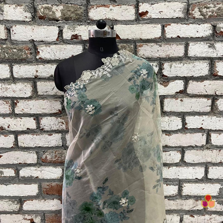 anokherang Dupattas Green Floral Printed Pearl Embroidered Organza Dupatta