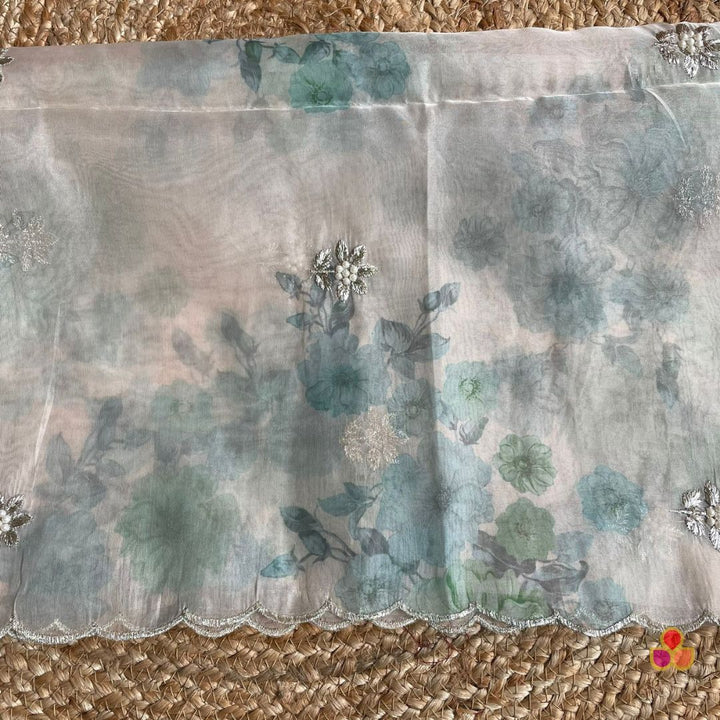 anokherang Dupattas Green Floral Printed Pearl Embroidered Organza Dupatta