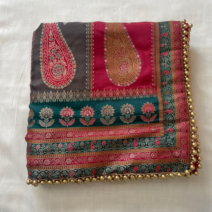 anokherang Dupattas Green Pink Banarasi Silk  Paisley Dupatta