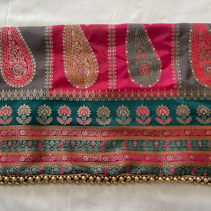 anokherang Dupattas Green Pink Banarasi Silk  Paisley Dupatta