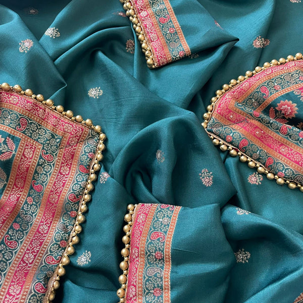 anokherang Dupattas Green Pink Banarasi Silk  Paisley Dupatta