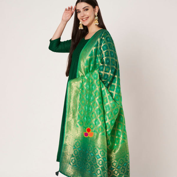 anokherang Dupattas Green Shaded Festive Banarasi Bandhej Dupatta