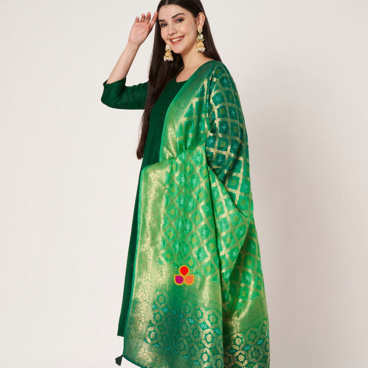 anokherang Dupattas Green Shaded Festive Banarasi Bandhej Dupatta
