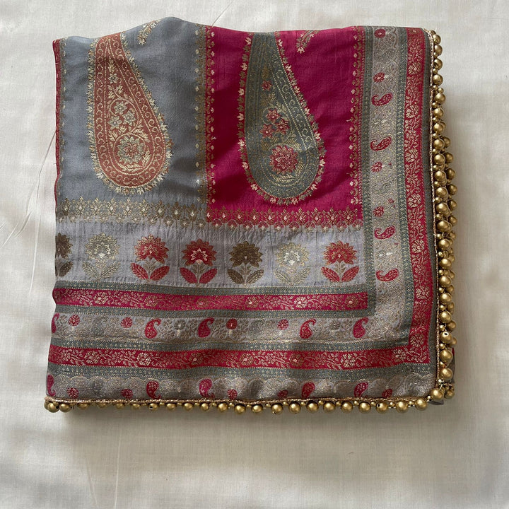 anokherang Dupattas Grey Pink Banarasi Silk  Paisley Dupatta