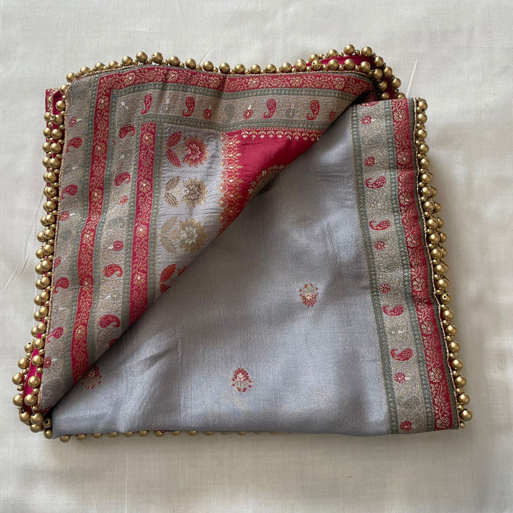 anokherang Dupattas Grey Pink Banarasi Silk  Paisley Dupatta