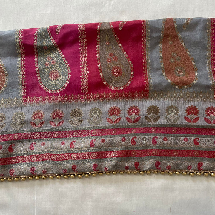 anokherang Dupattas Grey Pink Banarasi Silk  Paisley Dupatta