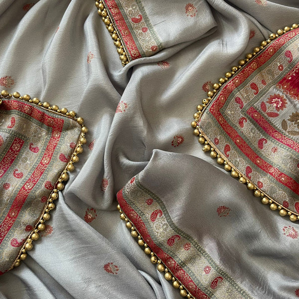 anokherang Dupattas Grey Pink Banarasi Silk  Paisley Dupatta