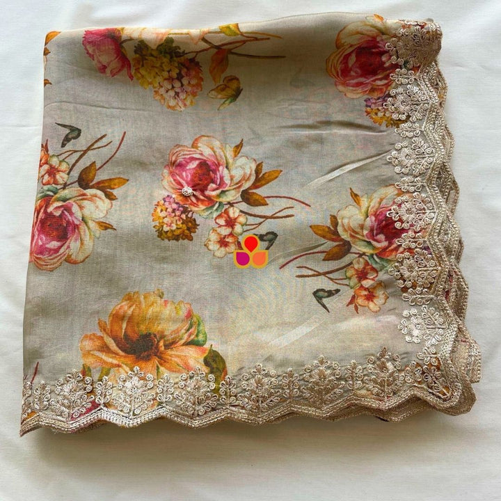 anokherang Dupattas Grey Spring Zari Embroidered Tissue Dupatta