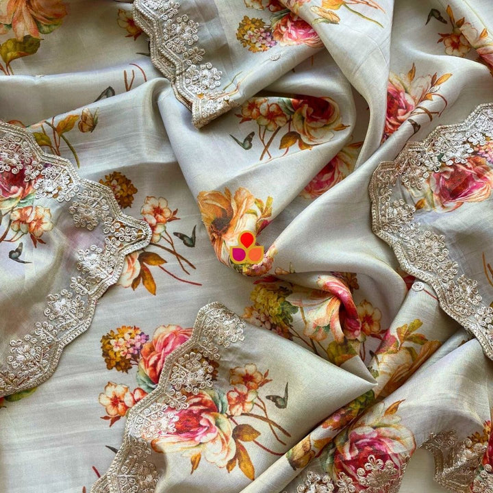 anokherang Dupattas Grey Spring Zari Embroidered Tissue Dupatta