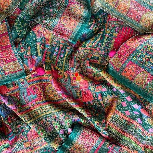 anokherang Dupattas Gulistan Bottle Green Multi Color Kashmiri Jamawar Embroidered Silk Dupatta