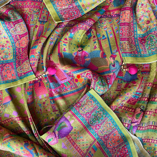 anokherang Dupattas Gulistan Mehandi Green Multi Color Kashmiri Jamawar Embroidered Silk Dupatta