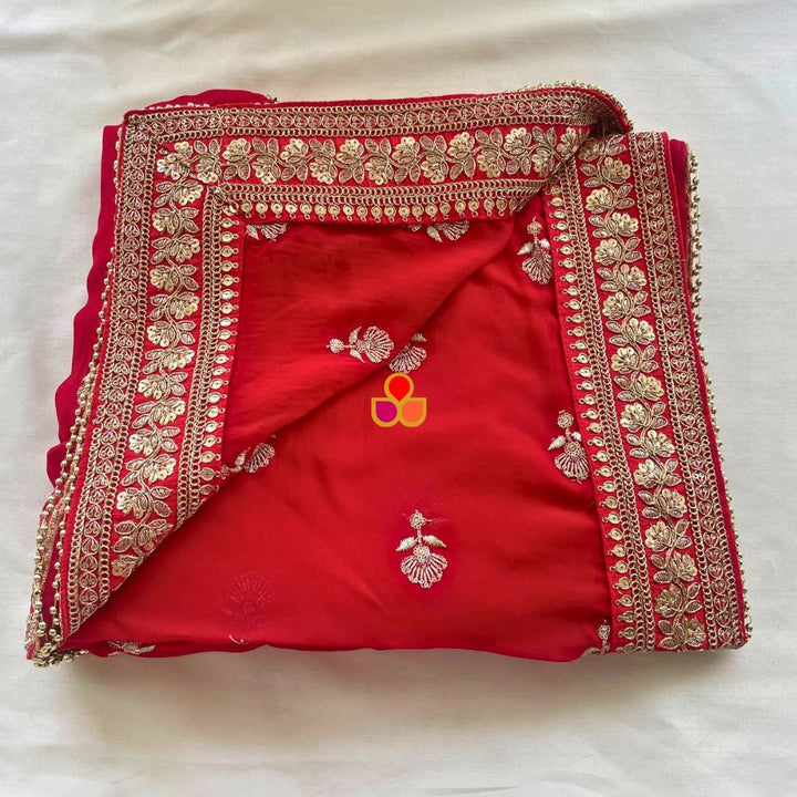 anokherang Dupattas Gulnaar Red Floral Embroidered Georgette Dupatta