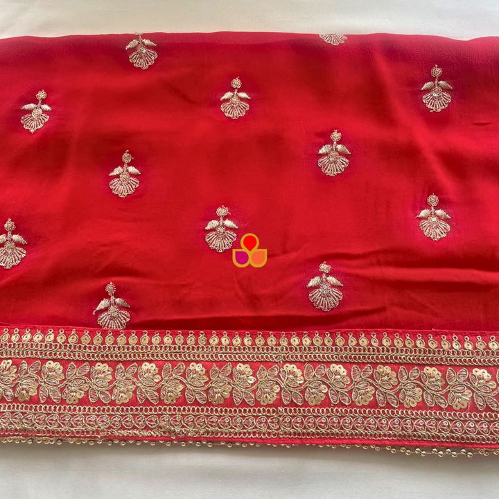 anokherang Dupattas Gulnaar Red Floral Embroidered Georgette Dupatta
