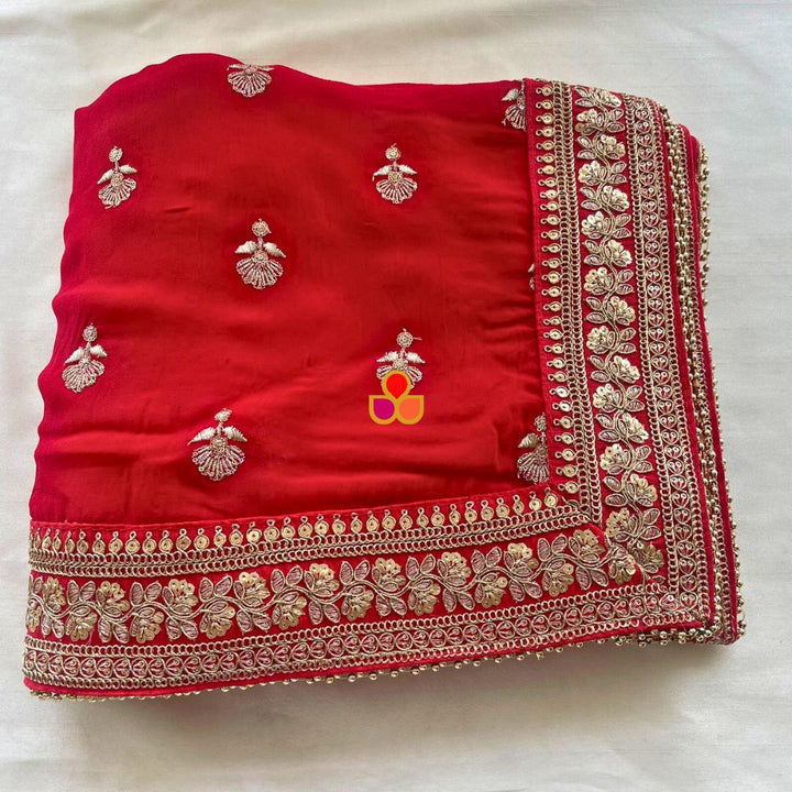 anokherang Dupattas Gulnaar Red Floral Embroidered Georgette Dupatta