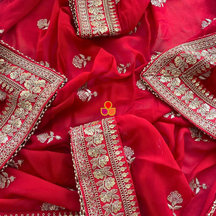 anokherang Dupattas Gulnaar Red Floral Embroidered Georgette Dupatta