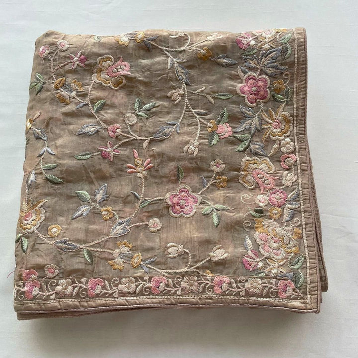 anokherang Dupattas Hazel Beige Embroidered Parsi Gara Organza Multicolor Thread Work Dupatta