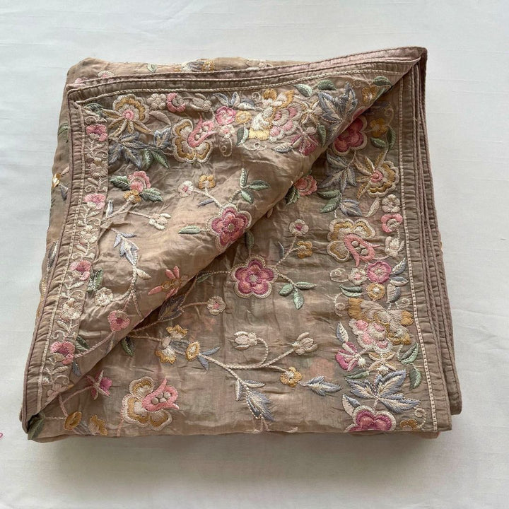 anokherang Dupattas Hazel Beige Embroidered Parsi Gara Organza Multicolor Thread Work Dupatta